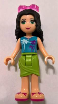 LEGO Minifigure-Friends Emma, Lime Wrap Skirt, Medium Azure Top with Palm Tree Pattern, Trans-Dark Pink Sunglasses-Friends-frnd209-Creative Brick Builders